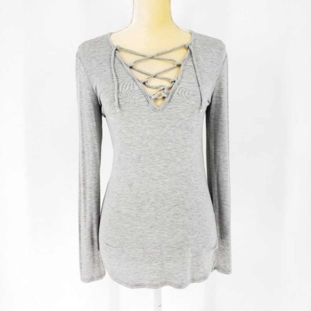 Leith Lace Up V-neck Long Sleeve Top Size Small
